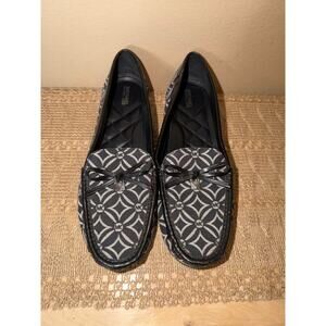 Michael Kors Logo Loafer Flats Size 9M Black Gray Textile Silver Charm Bow